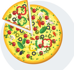 Italian pizza. Appetizing filling with sausage and tomatoes, mushrooms and greens. Flat vector cartoon illustration. Objects isolated on a white background.
