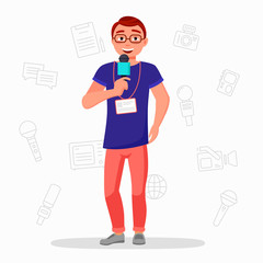 Journalist with microphone vector flat illustration . News reporter isolater on white background. Media news broadcasting. Presentation new product. Speach on a scene. News Corespondent. TV presenter.