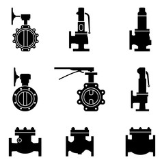 Set of various types of industrial valves. Silhouette vector