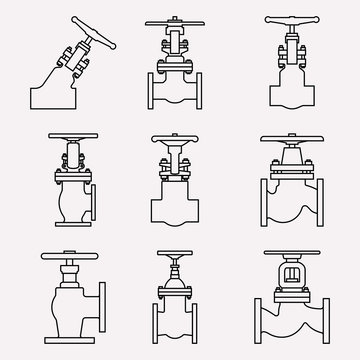 Set of various forms of industrial valves. Thin line vector