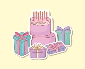 happy birthday postcard with cake and gifts vector illustration design
