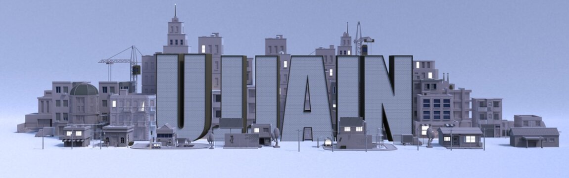 Ujjain lettering name, illustration 3d rendering city with gray buildings .