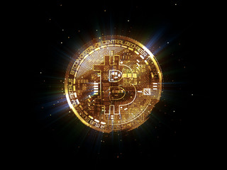 Bitcoin with glowing lights..Gold bitcoin symbol. Coins on black background.