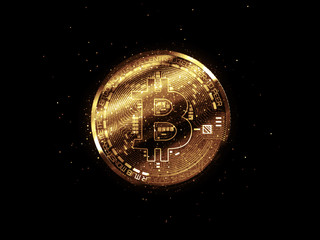 Bitcoin with glowing lights..Gold bitcoin symbol. Coins on black background.