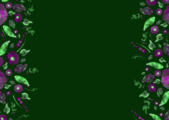 Painted watercolor composition with flowers and leaves. Frame of roses. Floral border. Can be used as invitation card for wedding, birthday, other holiday, summer background, poster, banner.