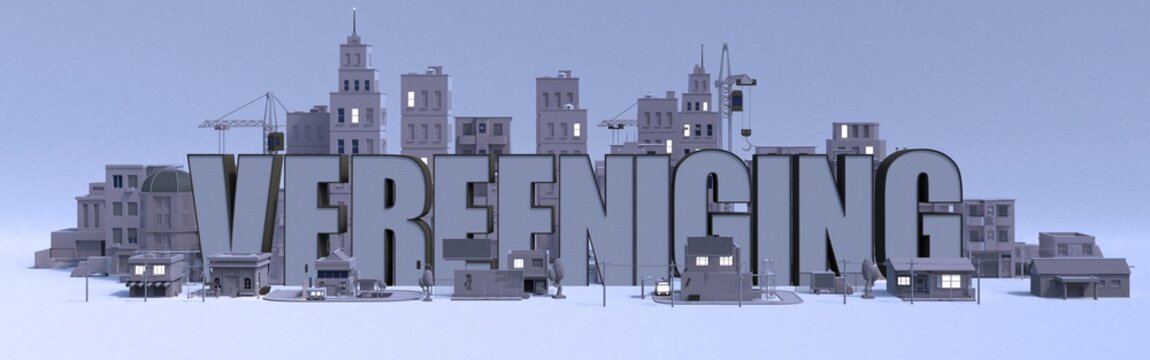 Vereeniging lettering name, illustration 3d rendering city with gray buildings .