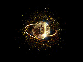 Bitcoin with glowing lights..Gold bitcoin symbol. Coins on black background.