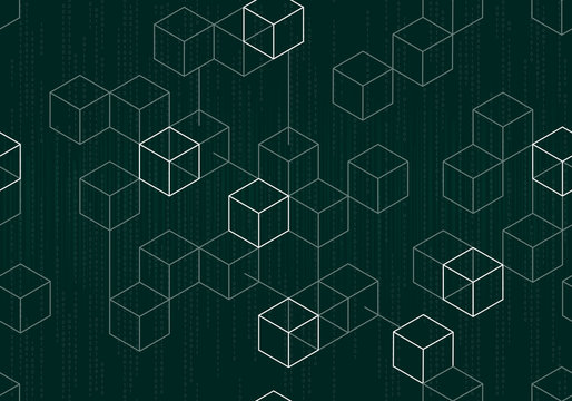 Modern digital blockchain pattern with binary data on dark green background