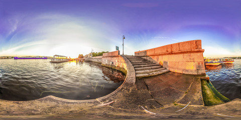 Saint-Petersburg - 2018: View of the Neva. White nights. Blue sky. 3D spherical panorama with 360 viewing angle. Ready for virtual reality. Full equirectangular projection.