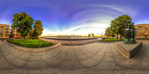 Saint-Petersburg - 2018: View of the Palace Bridge. White nights. Blue sky. 3D spherical panorama...