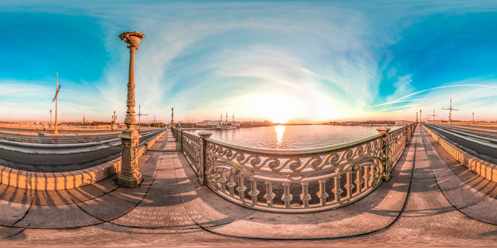 Saint-Petersburg - 2018: Neva. White nights. Blue sky. 3D spherical panorama with 360 viewing angle. Ready for virtual reality. Full equirectangular projection.