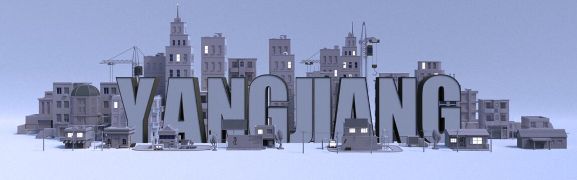 Yangjiang lettering name, illustration 3d rendering city with gray buildings .