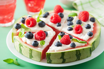 watermelon pizza slices with yogurt and berries, summer dessert