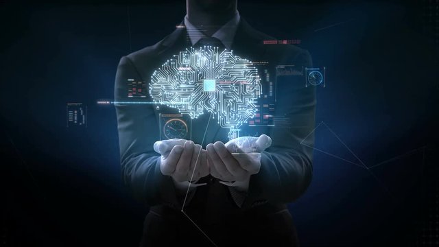 Businessman opens two palms, digital brain connected CPU chip circuit board, with digital interface, grow Artificial intelligence, 4K movie. 