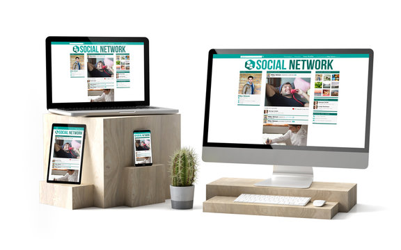 wooden cubes devices isolated social network responsive website