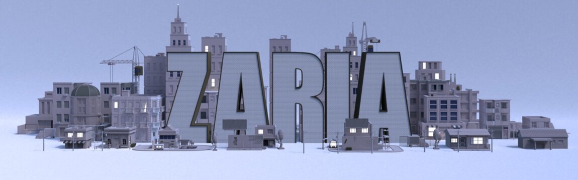 Zaria lettering name, illustration 3d rendering city with gray buildings .