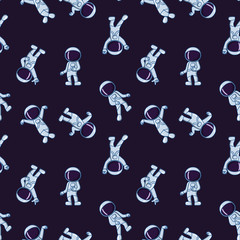 Seamless pattern with astronauts floating in space. Vector illustration