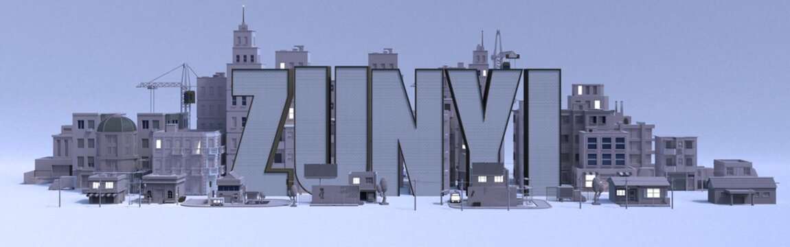 Zunyi lettering name, illustration 3d rendering city with gray buildings .