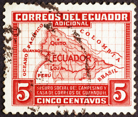 Map of Ecuador on old postage stamp
