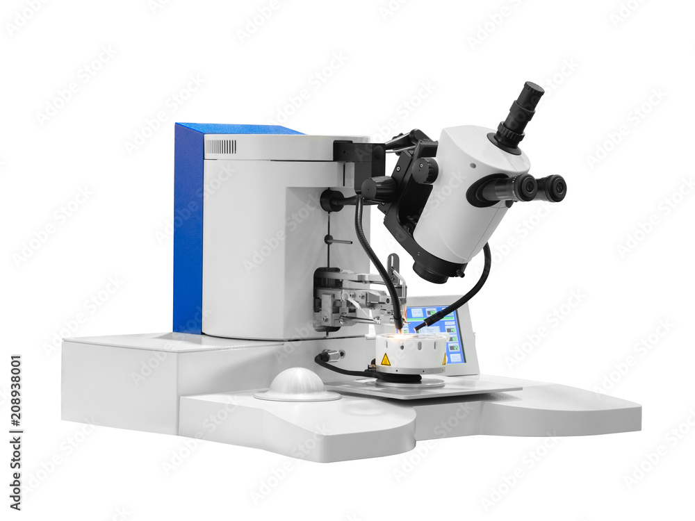 Poster the microscope is used to control chip isolated on white background