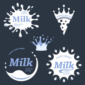 Milk labels vector set. Splash and blot design, milk product logo