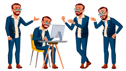 Obraz premium Office Worker Vector. Emotions, Various Gestures. In Action. Lifestyle. Turkish. Turk. Adult Entrepreneur Business Man. Isolated Flat Illustration