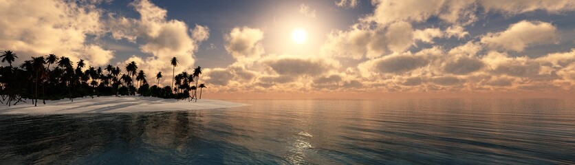 panorama of the beach with palm trees at sunset, sea sunrise,
3D rendering