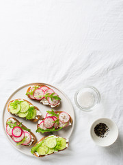 Some radish and cucumber toasts with ricotta and salad