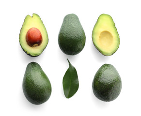 Fresh avocados on white background, flat lay