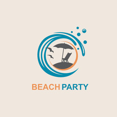 emblem of summer vacation with reclining chair and umbrella on island