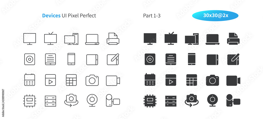Poster devices ui pixel perfect well-crafted vector thin line and solid icons 30 2x grid for web graphics a