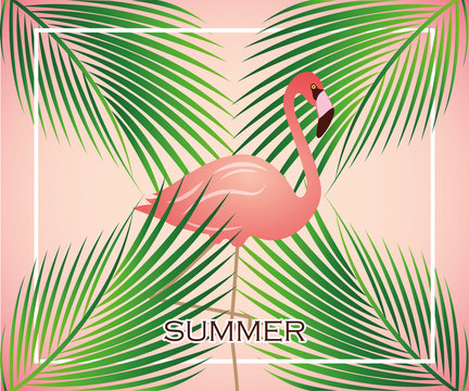 rosa flamingo zwischen palmenblättern im sommer