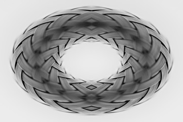 Symmetrical silver metallic wicker texture close-up. Detail background of volume steel surface. Abstract gray braided wire in macro. Surreal shape with copy space. Unusual black and white space.