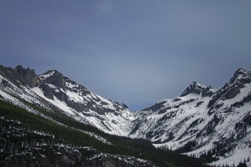 Mountain peaks in the Cascades off highway 2 in spring
