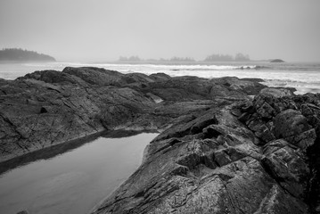 Rock formations along the beach, Chesterman Beach, Tofino, Vancouver Island, British Columbia, Canada