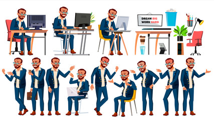Office Worker Vector. Face Emotions, Various Gestures. In Action. Businessman Male. Turkish. Isolated Cartoon Illustration