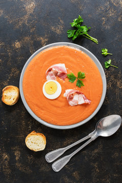 Traditional Spanish Cold Tomato Soup On A Dark Background. View From Above, Flat Lay