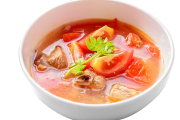 hot and sour soup of pork rip on white background