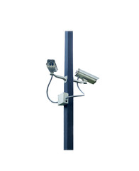 CCTV security camera on pole on white background