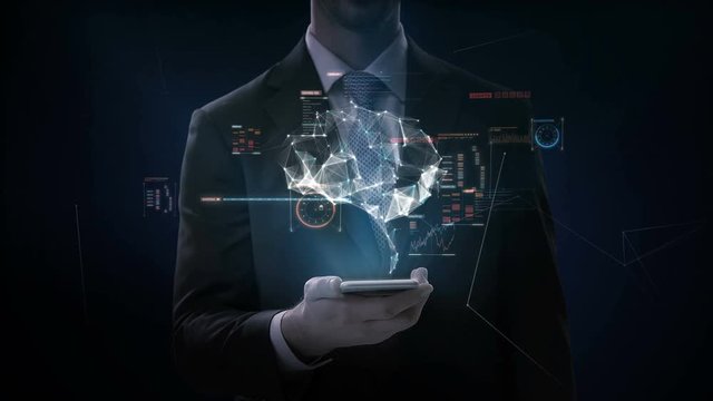 Businessman slide touch smart phone, mobile, Brain connect digital lines with digital interface. grow artificial intelligence. 4k movie.