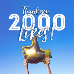 Thank you 2000 likes gold thumbs up like balloons social media template banner