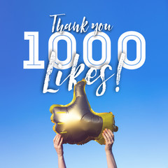Thank you 1000 likes gold thumbs up like balloons social media template banner