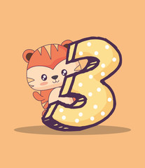 cute tiger with number three kawaii character vector illustration design