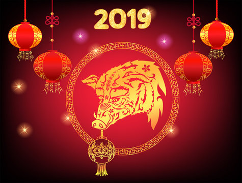 2019 New Year of the pig on the eastern calendar. Celebration black and red background with head boar or wild pig and chinese lanterns.