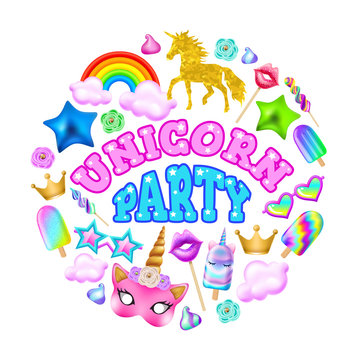 Poster unicorn party, rainbow, ice cream, hoop, mask, crown, sunglasses and other elements on a white background. Realistic vector illustration.