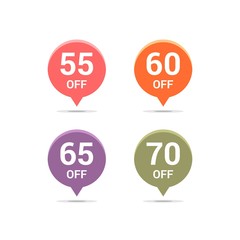 Sale discount icons. Special offer price signs. 55, 60, 65 and 70 percent off reduction symbols. Colored vector flat elements badges