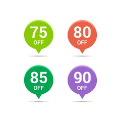Sale discount icons. Special offer price signs. 75, 80, 85 and 90 percent off reduction symbols. Colored vector flat elements badges