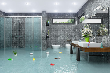 Überschwemmtes modernes Badezimmer - Bad - Dusche - Wasserschaden - Havarie - Hochwasser - obrazy, fototapety, plakaty