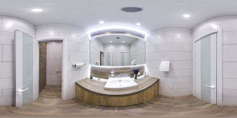 MOSCOW - SUMMER 2018, 3D spherical panorama with 360 viewing angle of the Interior of a modern bathroom with sink and mirror. Ready for virtual reality. Full equirectangular projection.  Restroom.