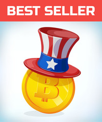 Bitcoin in American hat. Bitcoin. Digital currency. Crypto currency. Money and finance symbol. Miner bit coin criptocurrency. Virtual money concept. Cartoon Vector illustration